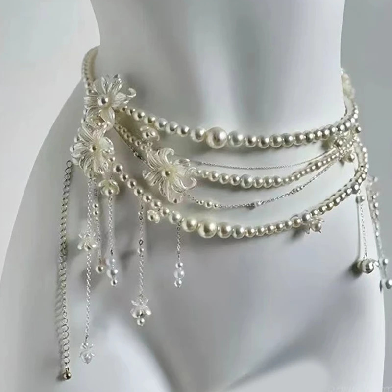 Pearls Beaded Waist Chain Women Elegant Tassels Decorative Waistband Multi Layered Body Jewelry for Party Daily Wear 250610