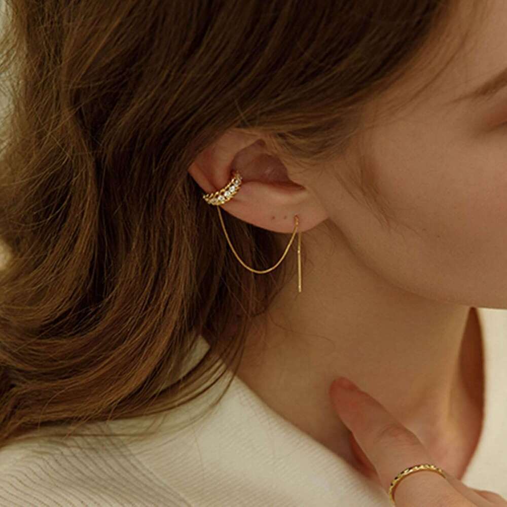 Hie women 14k Dainty Gold Tassel Chain Drop Dangle Small Hoop Stud for Women Teen Cubic Zirconia Sparkling Earrings Clip Womens earrings