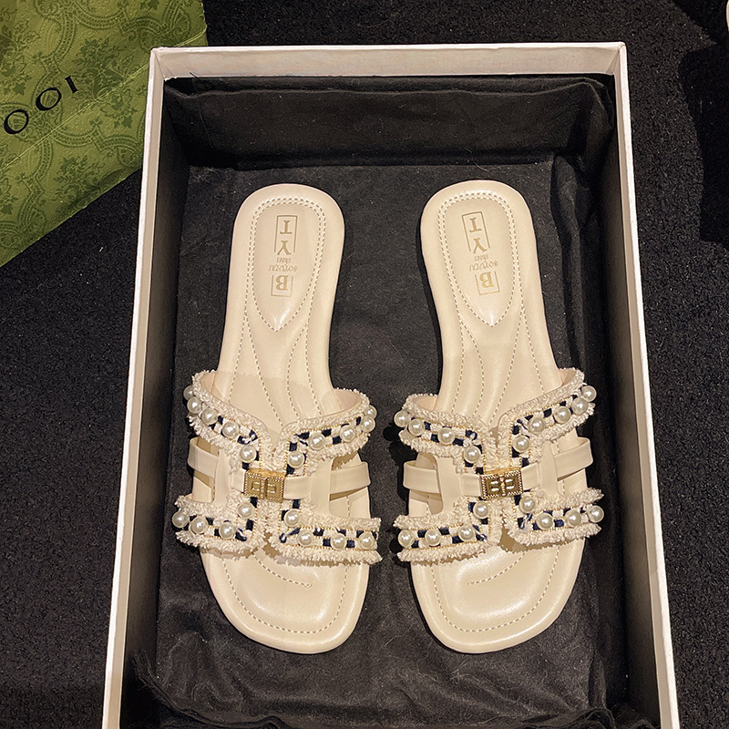 Ddmyoutdoor Summer New Style Small Fragrance Flat Slippers For Women Outdoor Spring Soft Sole Fairy Versatile Pearl Beach Sandals Outdoor Shoes