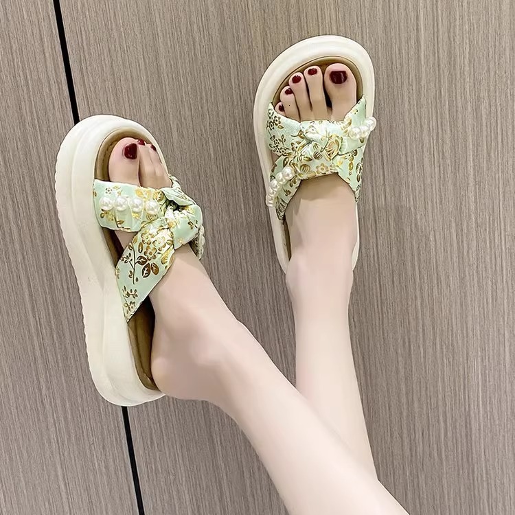 Ddmysports Fairy Thick Soled Height Increasing Outdoor Slip On For Women Summer New Chinese Style Beach Pearl Sandals Outdoor Shoes