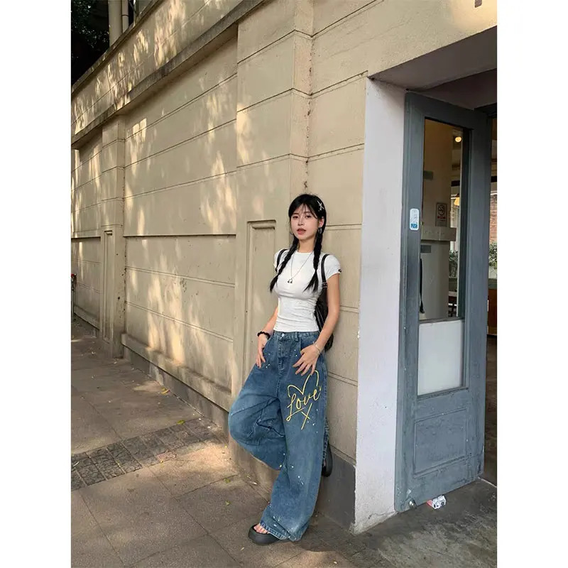 High Waist Jeans for Women Autumn Chic Casual Straight Jean Trousers American Vintage Y2K 90s Wide Leg Loose Denim Pant 250612