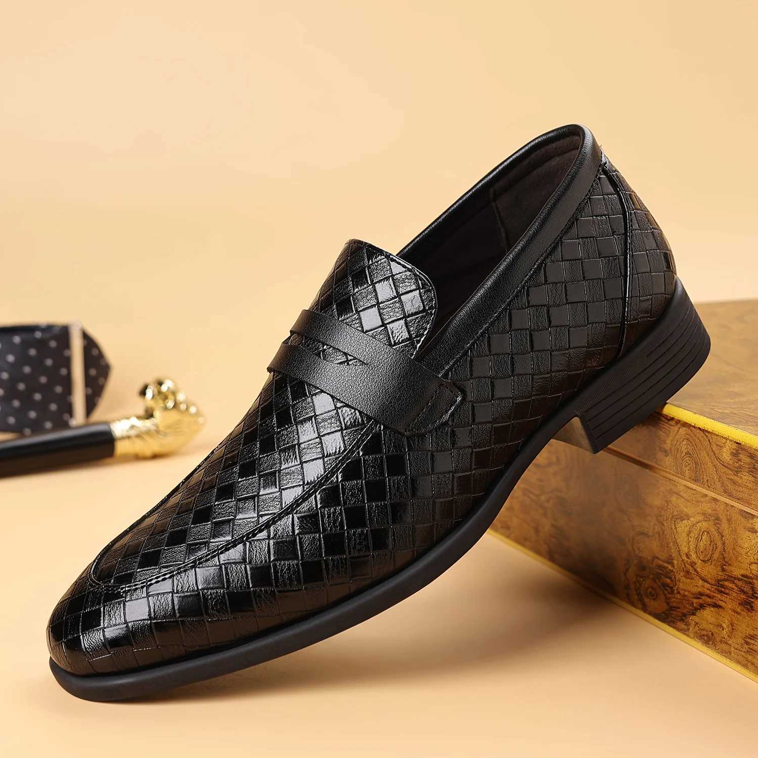 Mens Woven Penny Loafers - Mens Dress Shoes with Slope Heel Mens Formal Shoes for Business Wedding Party XJ250614