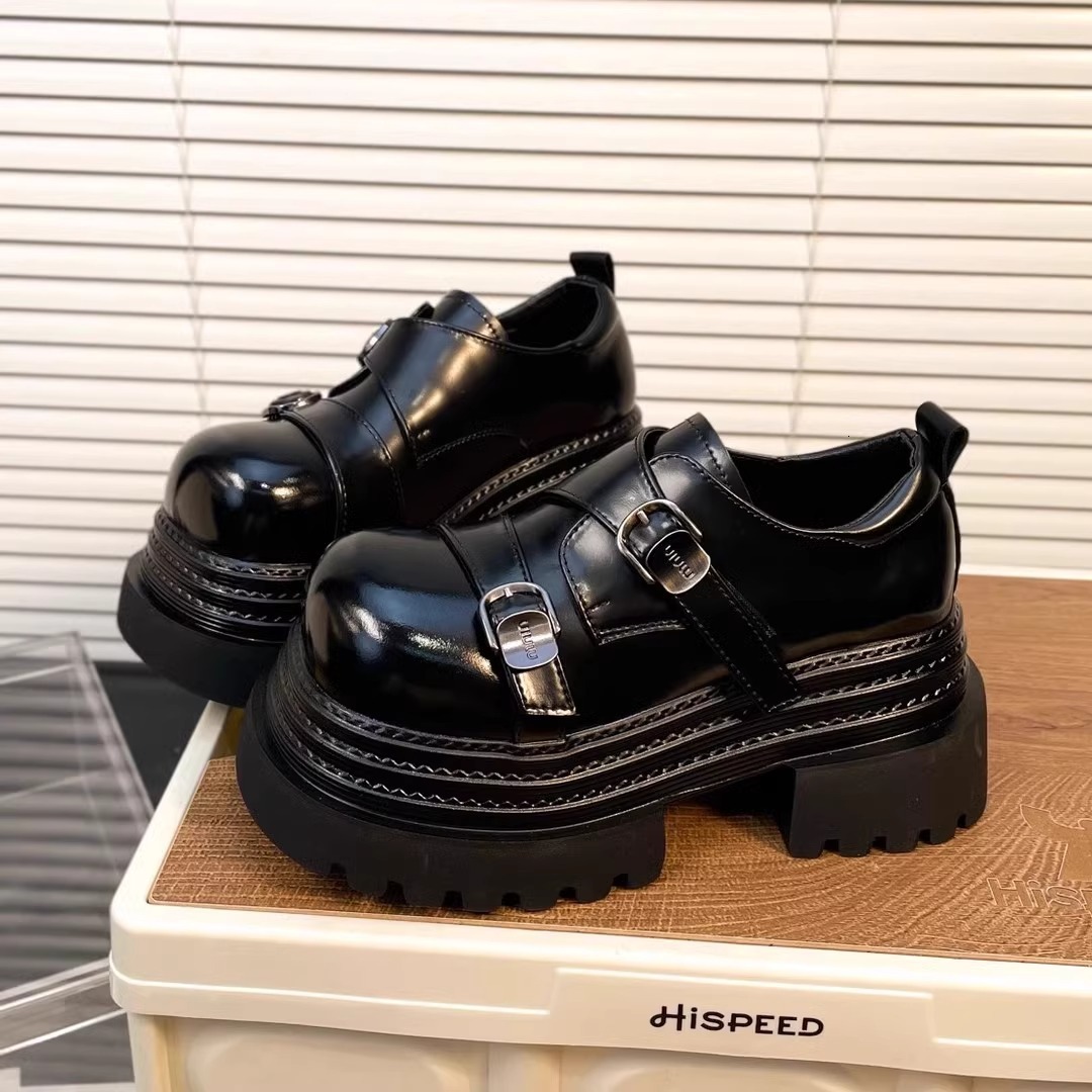 Ddmysports Spring British Style Black Leather Shoes New Lightweight Thick Sole Height Increasing Loafers For Petite Women Outdoor Shoes