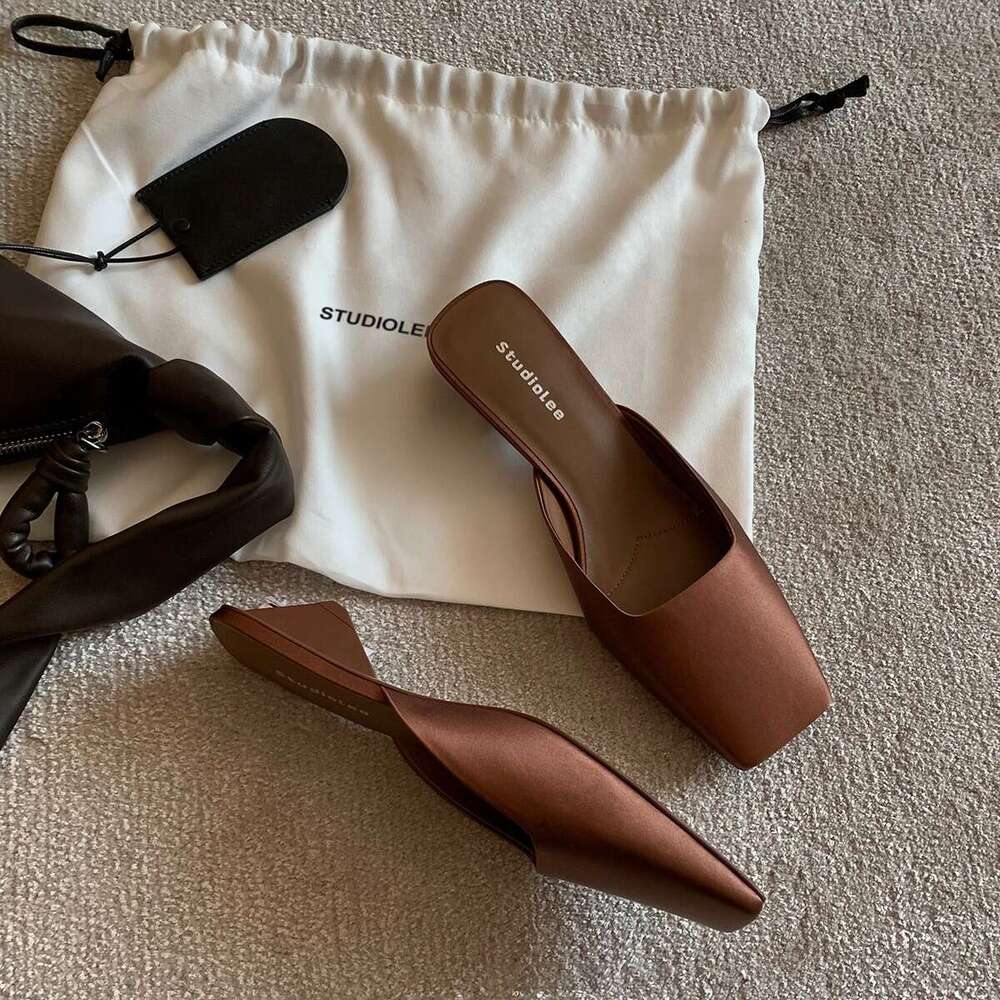 Grape Mom Studiolee French Square Toe Shallow Mouth Silk Satin Triangle Heel High-end Mules for Women Summer