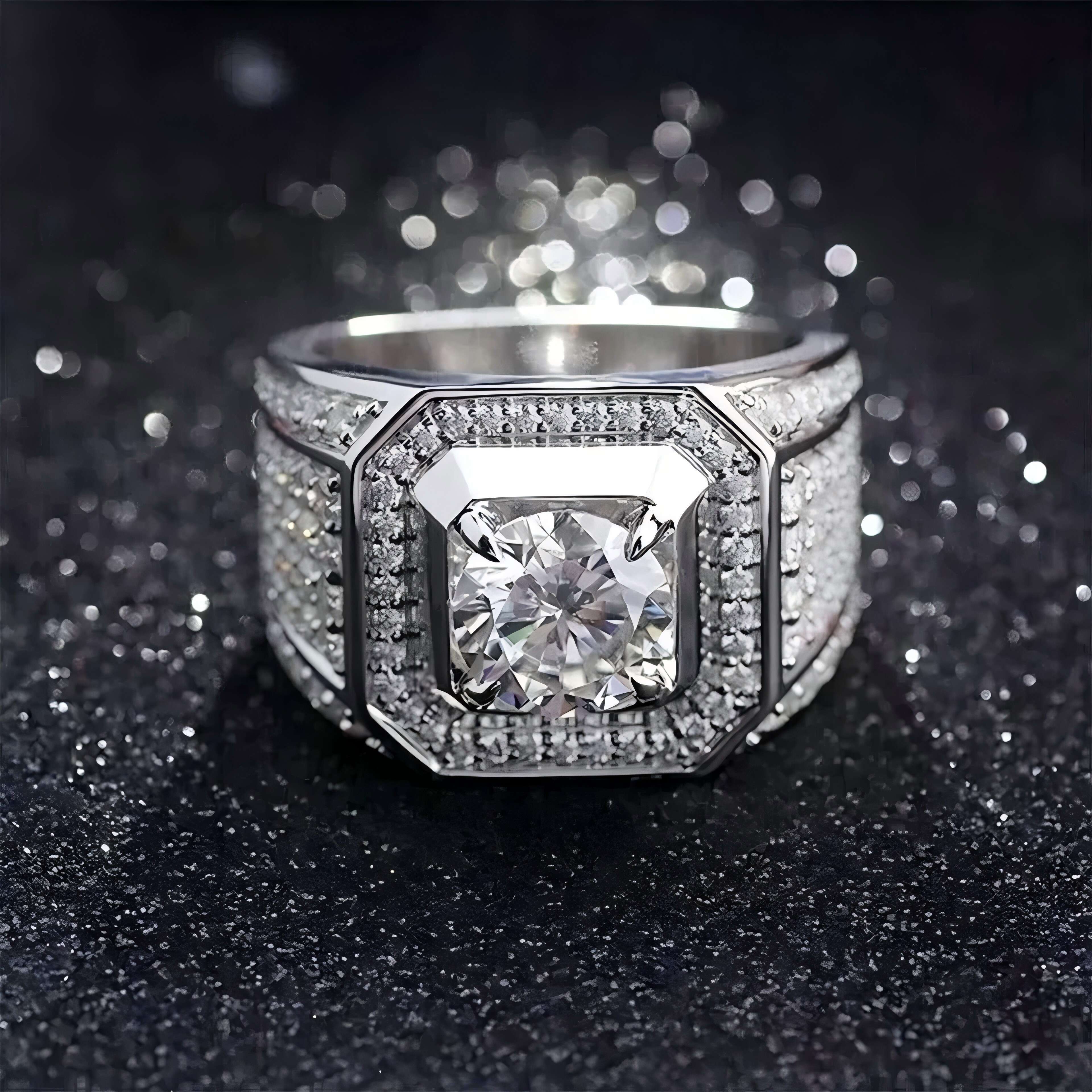 FOXI Full Diamond 2.5Ct Round Cut Real Moissanite Mens Wedding Ring 925 Sterling Silver White Gold Plated Moissanite Pinky Ring