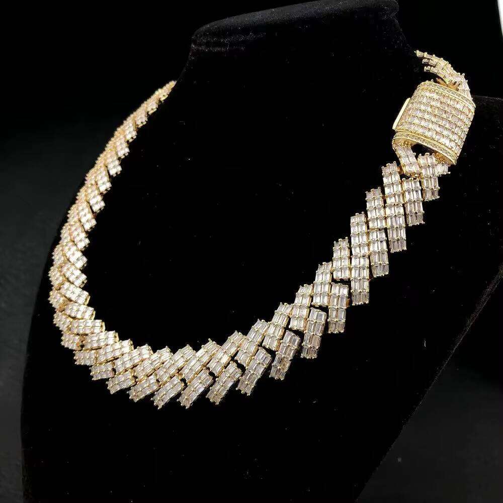 Hip Hop Rapper Jewelry 19Mm Sier Double Row Baguette Moissanite Miami Iced Out Cuban Chain Link Necklace