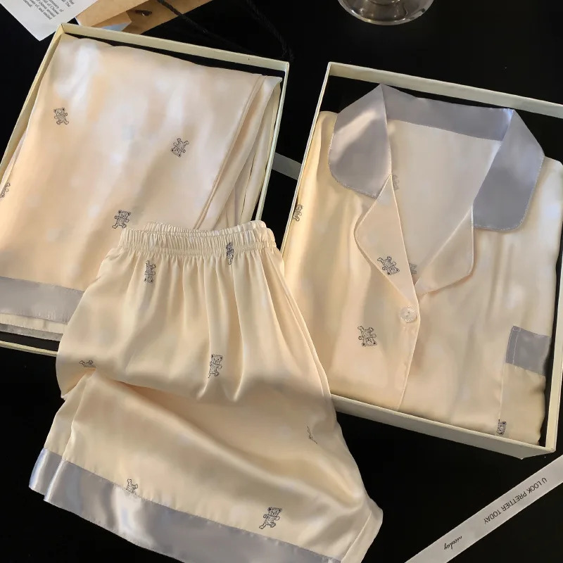 Spring and Summer Ladies Ice Silk Cardigan Leisure Three-Piece Pajamas Home Pajamas Short-Sleeved Bear Print Pajamas 250613