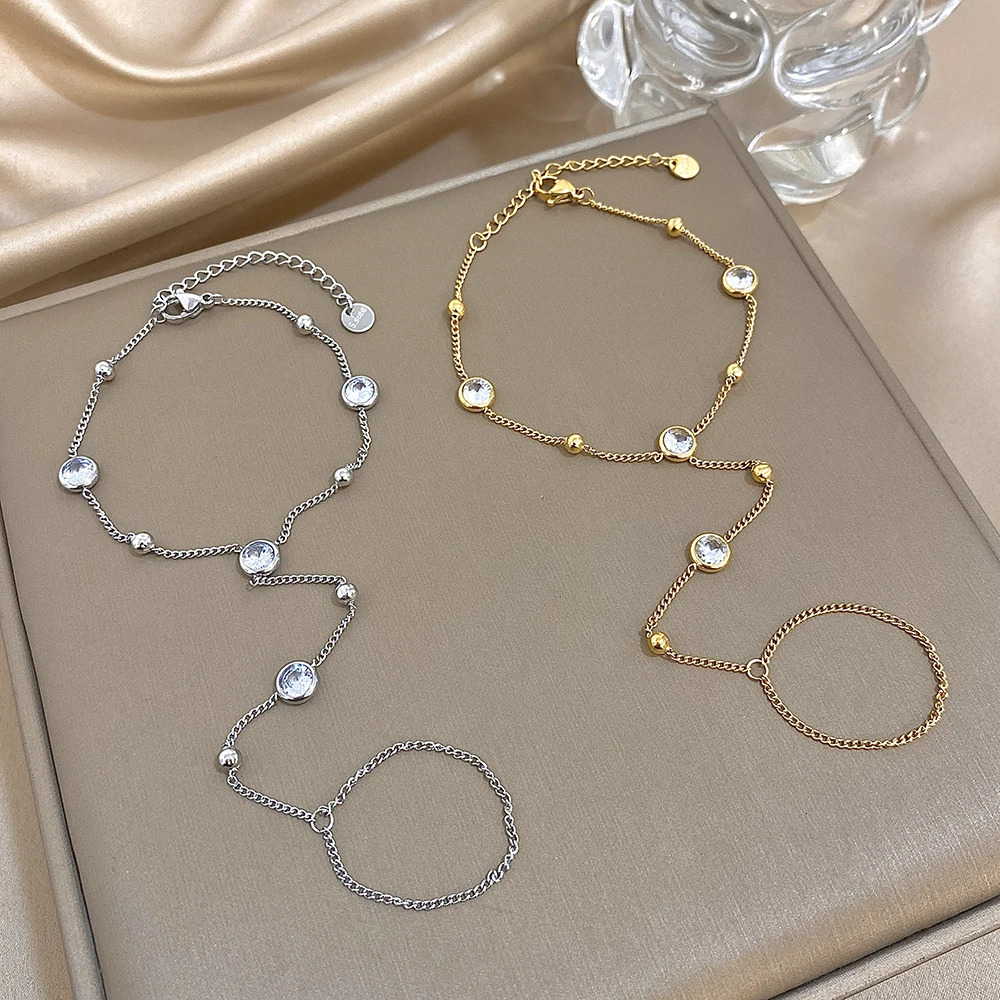 Bohemia Stainless Steel Ring Bracelet Round Rhinestone Hand Chain Bracelet Elegant Gold Plated Summer Hand Jewelry Gift 250610