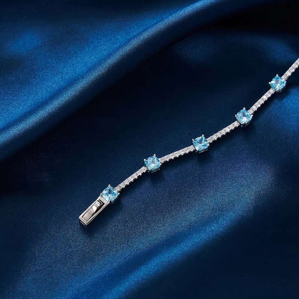 Wholesale Customizable Womens Elegant Tennis Bracelet Natural Aquamarine Gemstone Set Rhodium-Over Moissanite Elegant Bangles