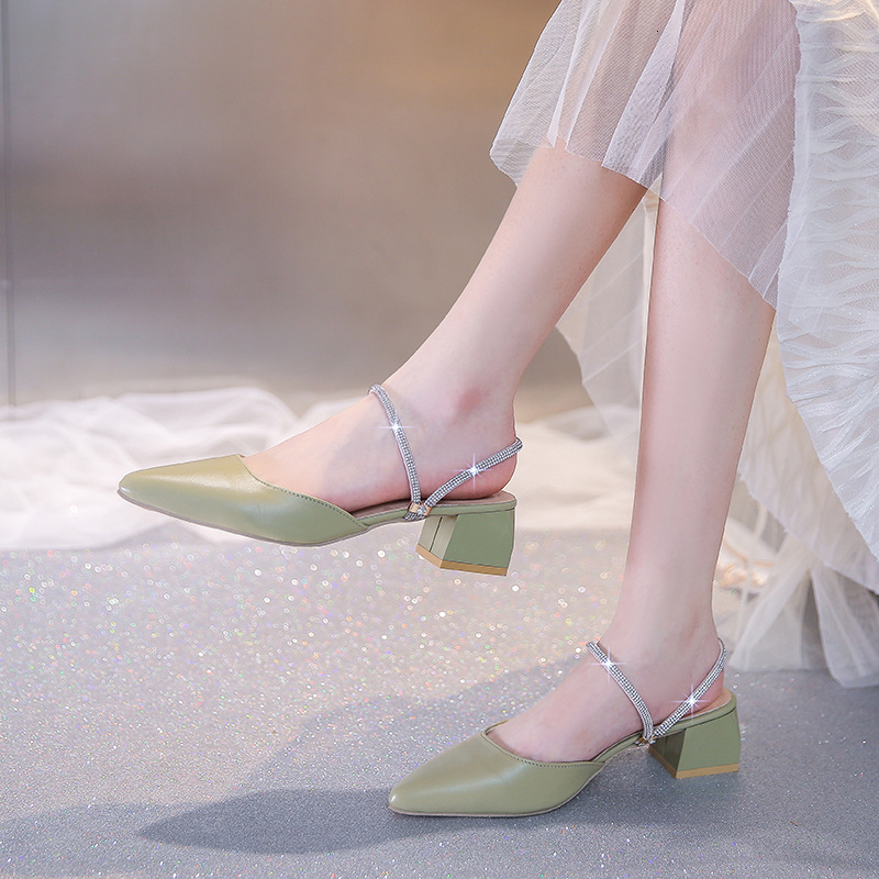 Ddmyoutdoor New Spring Summer Closed Toe Sandals For Women Mid Heel Chunky Fairy Style Fashion Rhinestone Two Way Wear Slippers S Shoes Outdoor Shoes