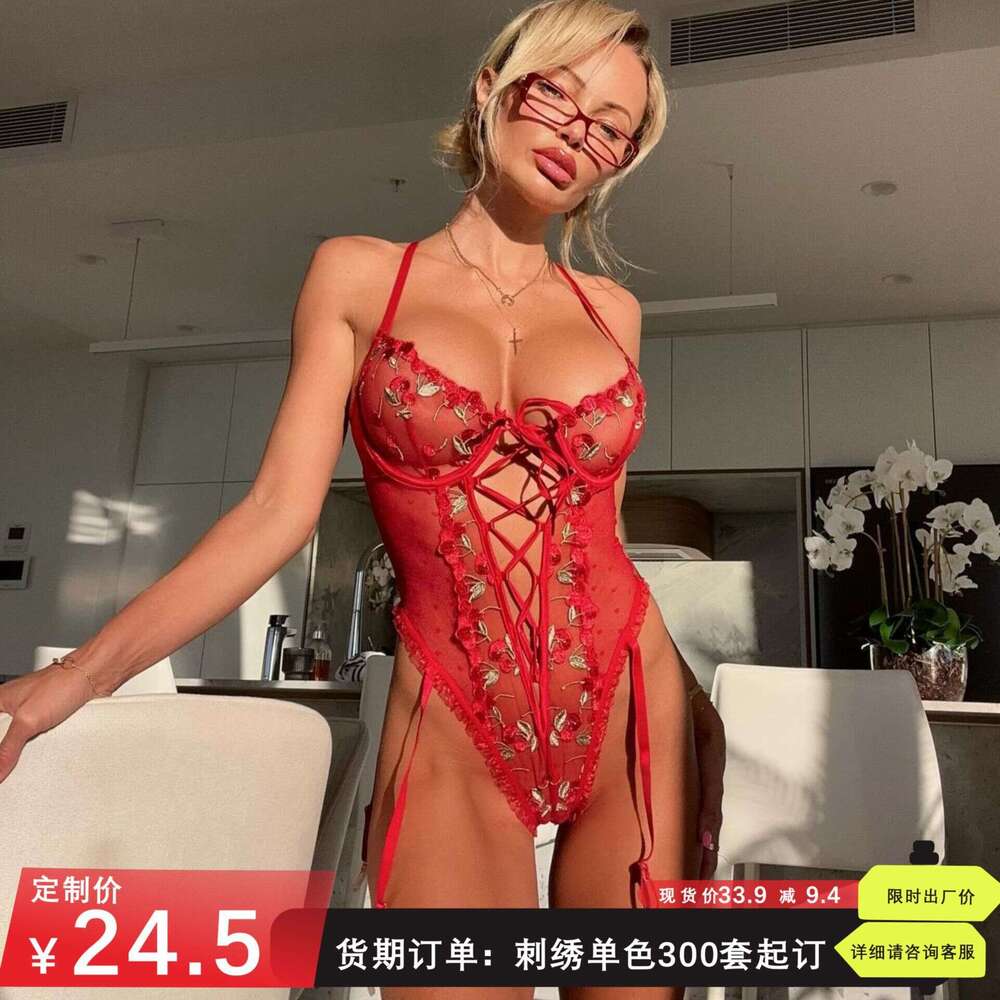 Sexy Lingerie Porn Suits New Sexy Red Mesh Lace Patchwork Low Cut Hollow Out Lingerie Bodysuit Spell Lingerie