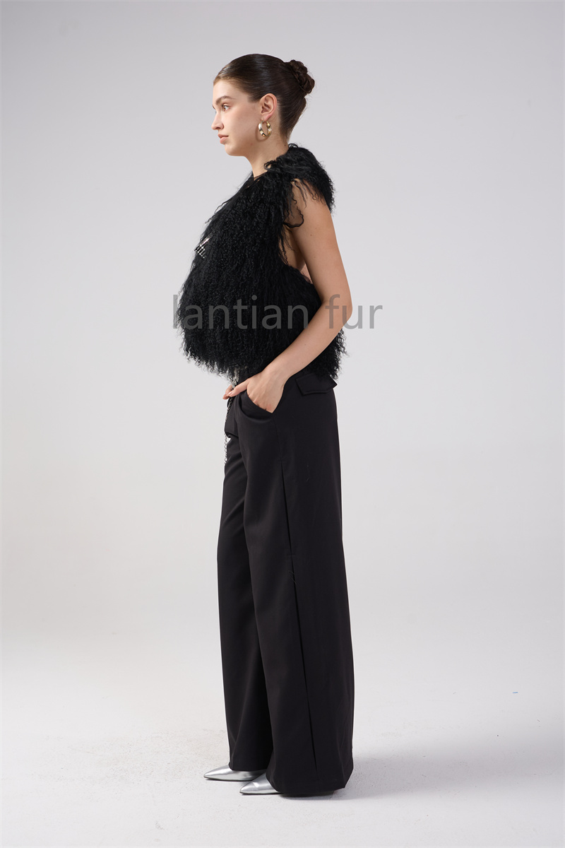 New Arrival Women's Real Mongolian Sheep Fur Halter Fashion Streetwear Spring Fur Vest Ladies Sheepskin Fur Tops