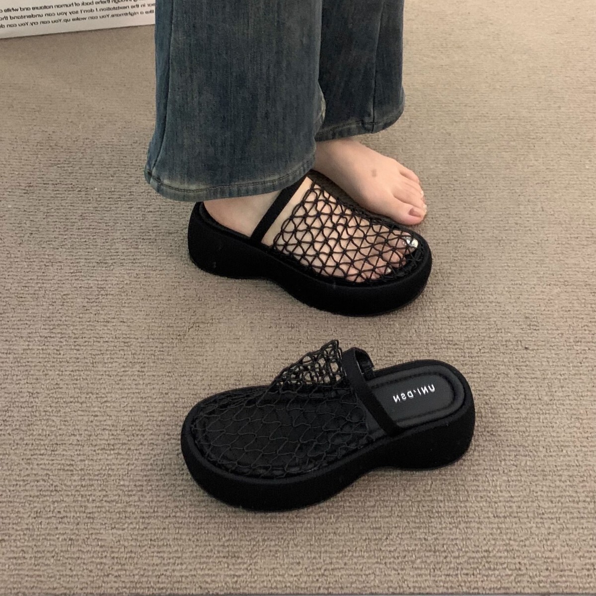 Ddmysports Platform Thick Sole High Heel Hollow Black Closed Toe Sandals For Women Summer Gentle Fairy Petite Height Increasing Half Slippers Outdoor 