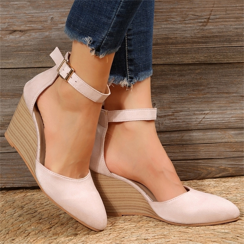 Fashion Women High Heel Sandals Closed Toe Solid Suede Pointed Wedge Shoes Thick Bottom Buckle Female Footwear 250605