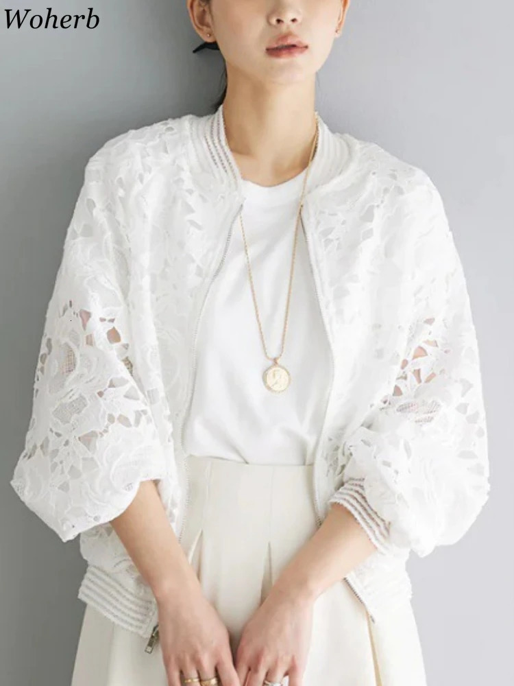 Hollow Out Lace Coat Women Ropa Mujer Long Sleeve Loose Korean Summer Y2k Tops Zipper Stand Neck Casual All Match Jackets 250611