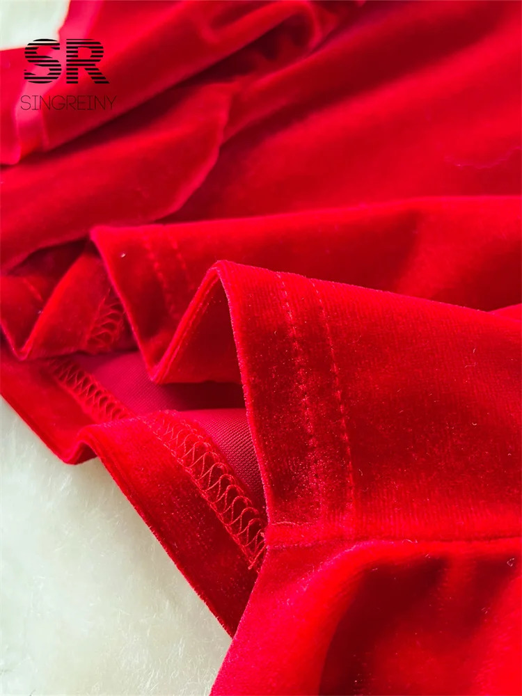 SINGREINY Summer Velvet Party Long Dress Strap Ruffles Sweet Split Beach Sundress Korean Streetwear Korean 3D Floral Midi Dress 250612