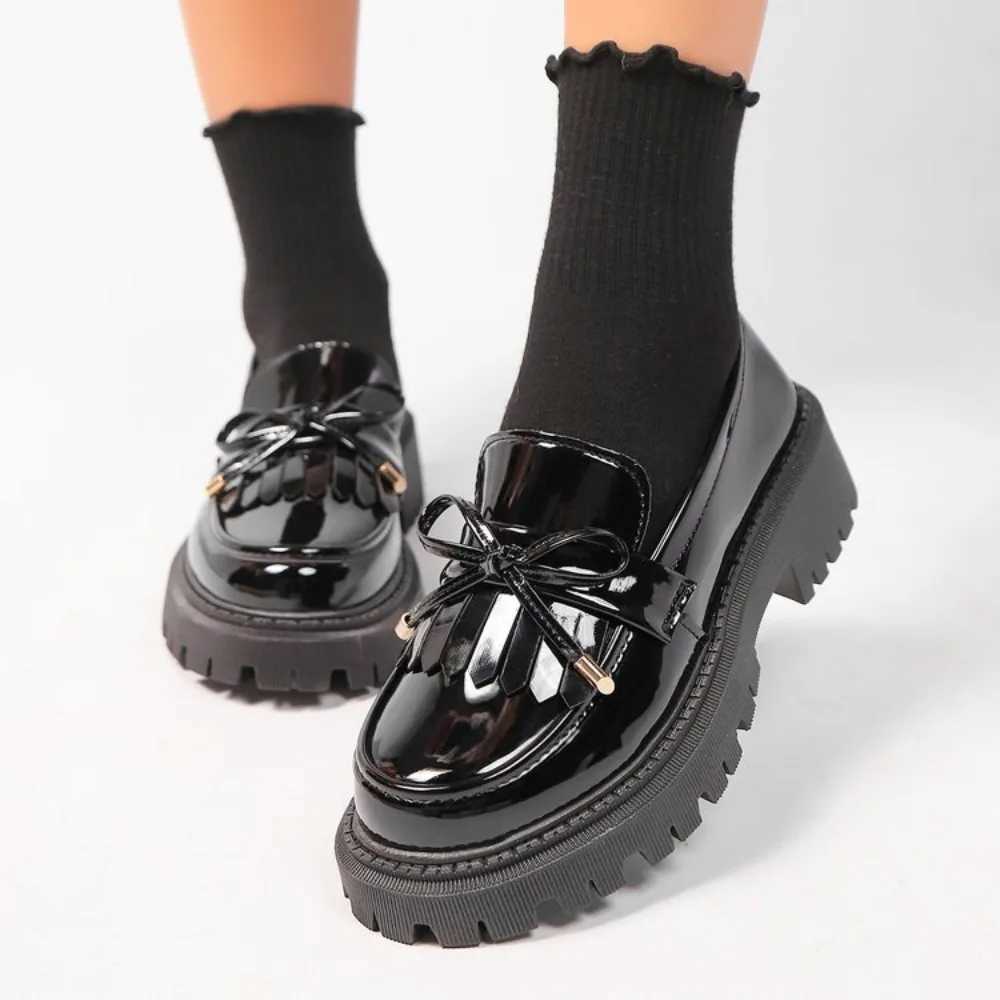 2025 Plus Size 42 Summer Black Vintage Platform Flats Shoes Women Easy To Put Butterfly Knot Med Heels Loafers Daily Shoes XJ250614