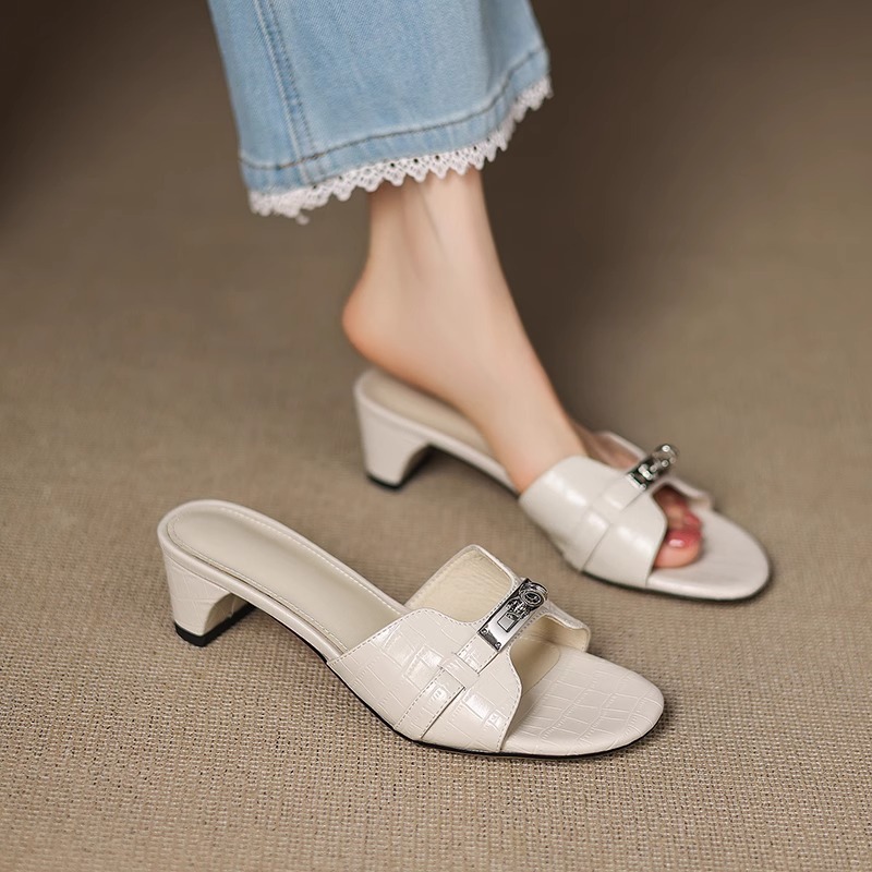 Ddmysports French Style Mid Heel Slippers For Women Summer Outdoor New Thick Fashionable Elegant High End Metal Buckle S Sandals Outdoor Shoes