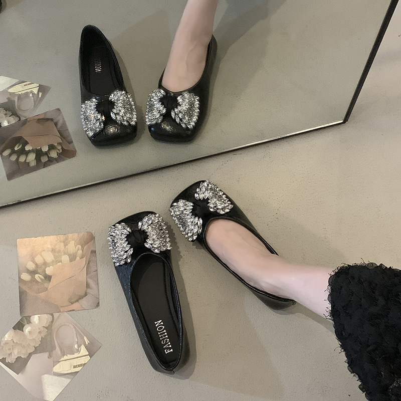Ddmyoutdoor Spring Summer New Shallow Fairy Single With Rhinestones Gentle Evening Style To Match Dresses Square Toe Flat Shoes For Women Outdoor Shoe