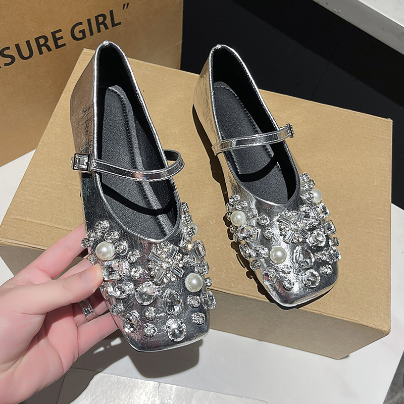 Ddmyoutdoor Ddmyoutdoor French Fairy Style Silver Rhinestone Mary Jane Spring New Square Toe Flat To Match Skirts Single Shoes For Women Outdoor Outdo