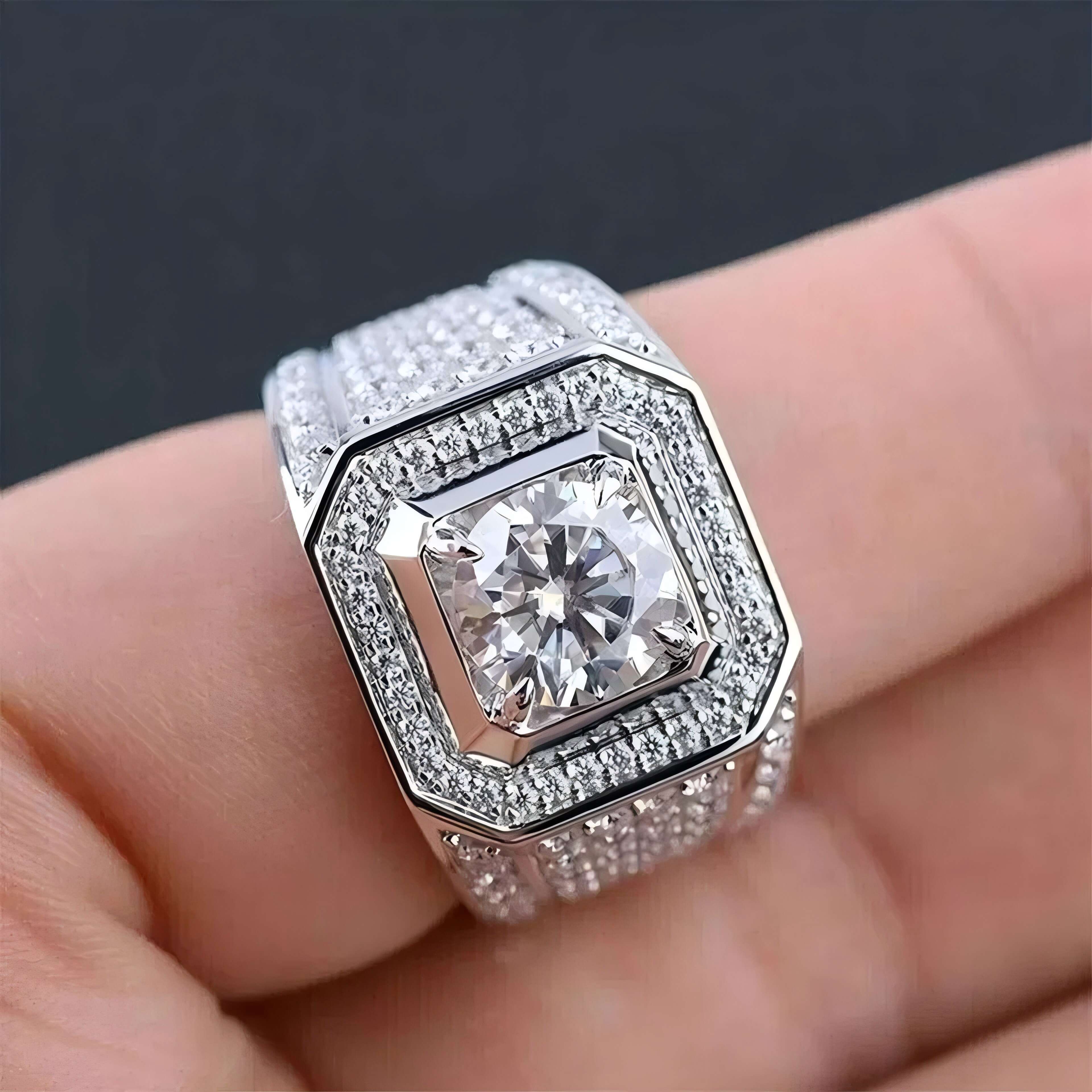 FOXI Full Diamond 2.5Ct Round Cut Real Moissanite Mens Wedding Ring 925 Sterling Silver White Gold Plated Moissanite Pinky Ring