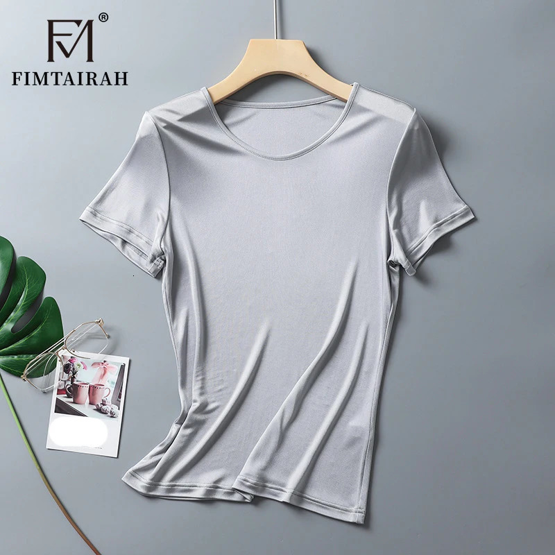 Fimtairah Double-sided knitted silk T-shirt for women elastic short-sleeved mulberry silk round-neck slimming top 250609