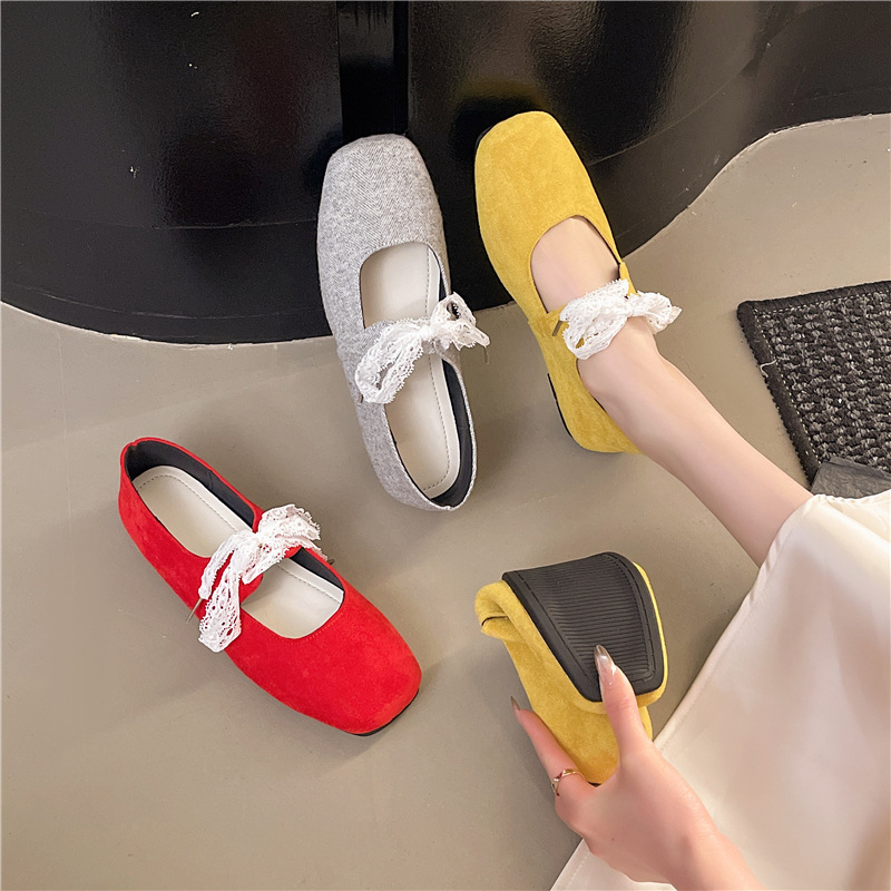 Ddmyoutdoor French Lace Mary Jane New Flat Up Versatile Square Toe Ballet Shoes For Women Outdoor Shoes