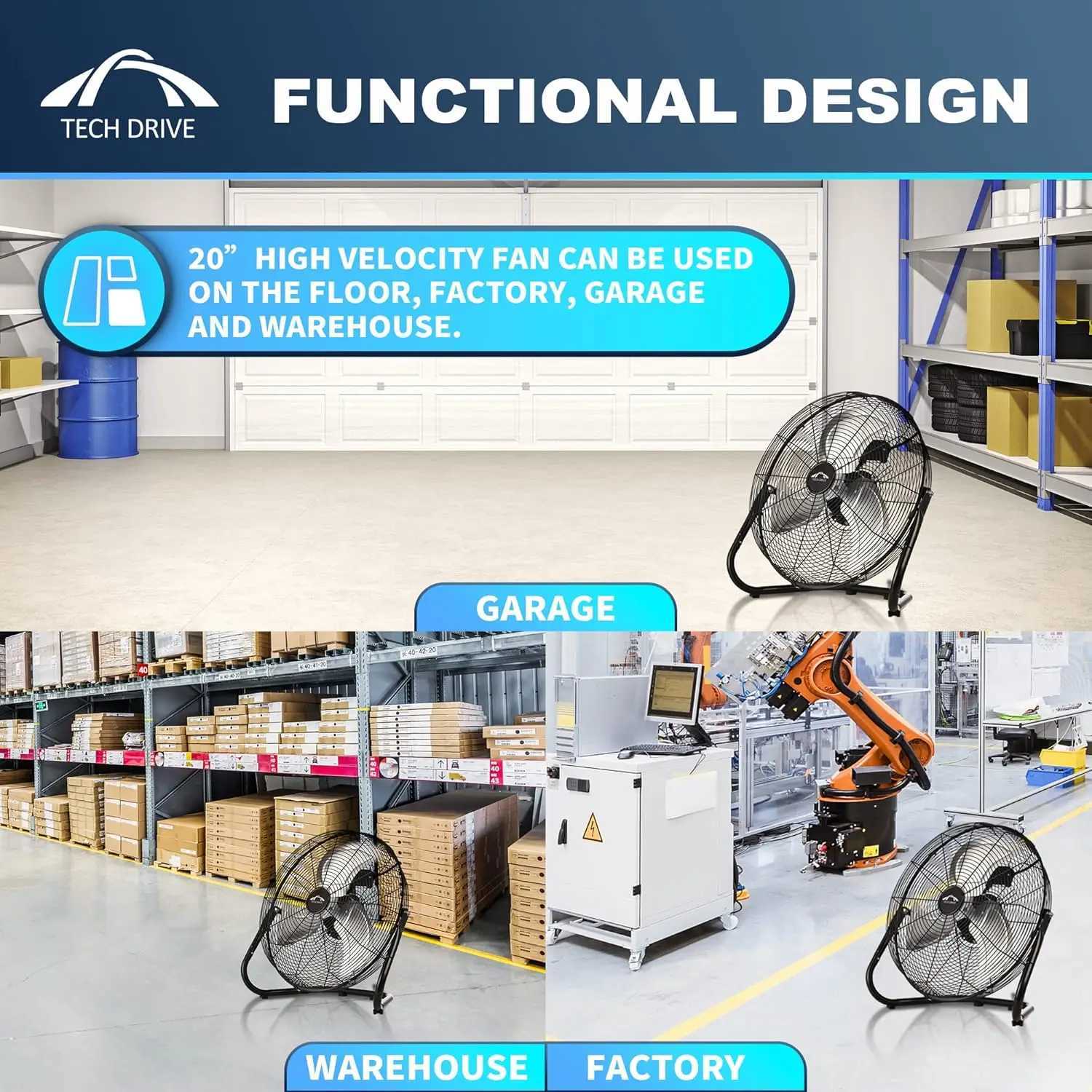 High Velocity Floor Fan 20 inch Heavy Duty Metal Industrial Fans3 Powerful Speed360 Adjustable Tilting R250614