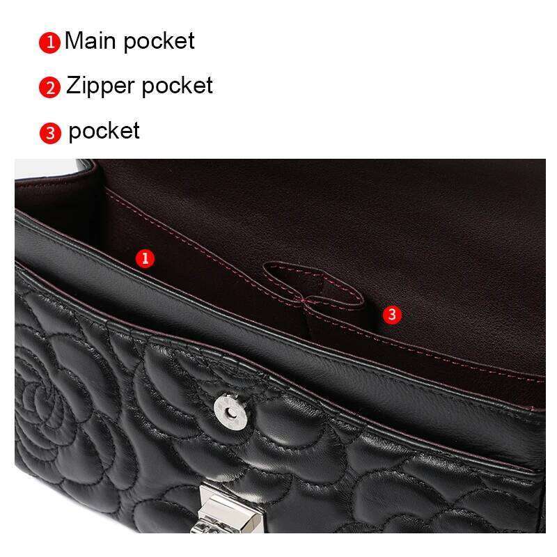 2025 new women's senior sense ladies leather camellia pattern chain shoulder messenger bag