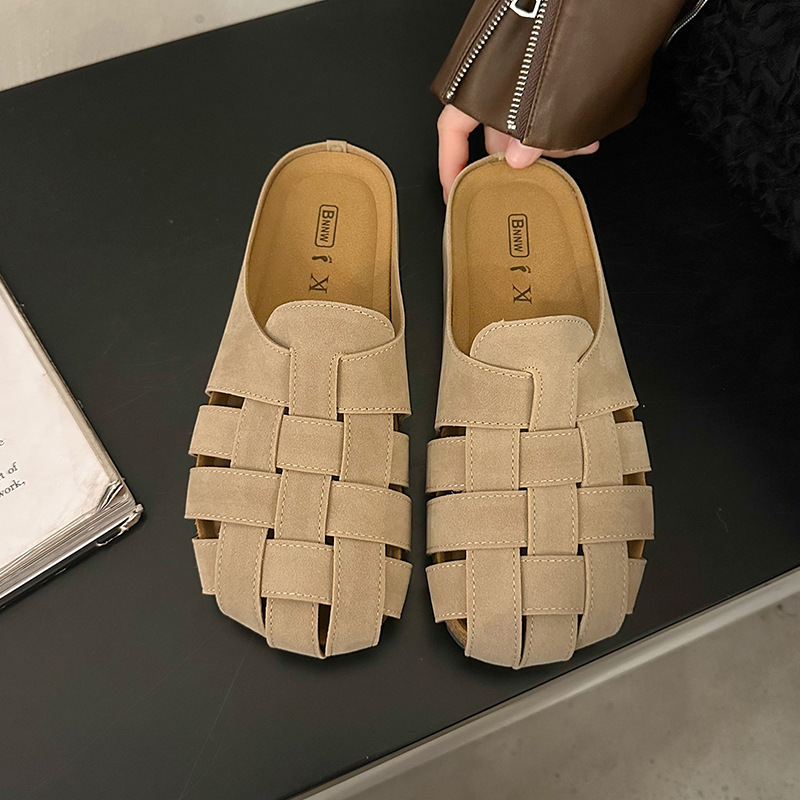 Ddmyoutdoor Ddmyoutdoor Soft Leather Closed Toe Slippers For Women Outdoor Wear Summer Flat Breathable Woven Sandals Lazy Slip On Mules Trendy Shoes O