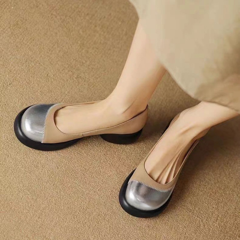Ddmysports French Style Women S Color Block Fashion Chunky Heel Versatile Round Toe Soft Sole Small Leather Shallow Mouth Single Princess Shoes Outdoo