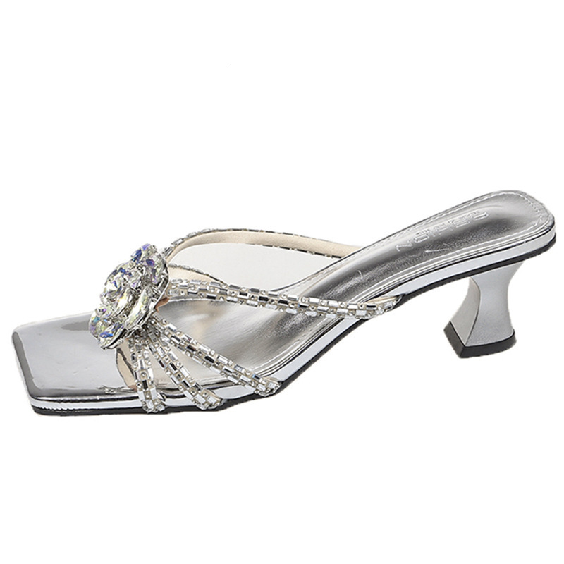 Ddmyoutdoor Summer New French Fairy Style Fashion Rhinestone Strip One Shoe Two Wear Versatile Stiletto Heel Sandals Outdoor Shoes