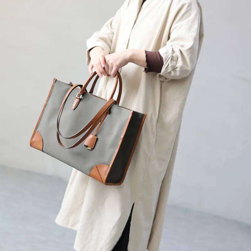 Women Nylon Genuine Leather Tote Portable Large Capacity Handbag With Computer Compartment For Working Shoulder Bags