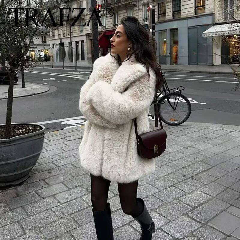 Winter Female Chic Solid White Casual Warm Thicken Faux Fur Coat Fashion Woman Chill Long Sleeve Outerwear