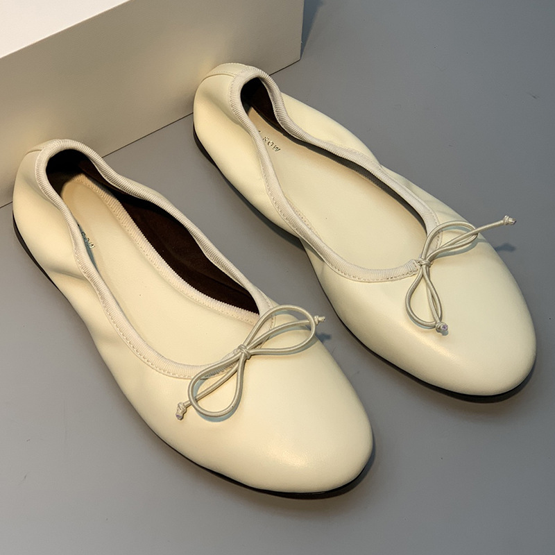 Ddmysheep Ddmysheep Autumn Winter Row Elastic Flat Ballet For Women Genuine Leather Round Toe Versatile Comfortable Bowknot Slip On Grandma Shoes