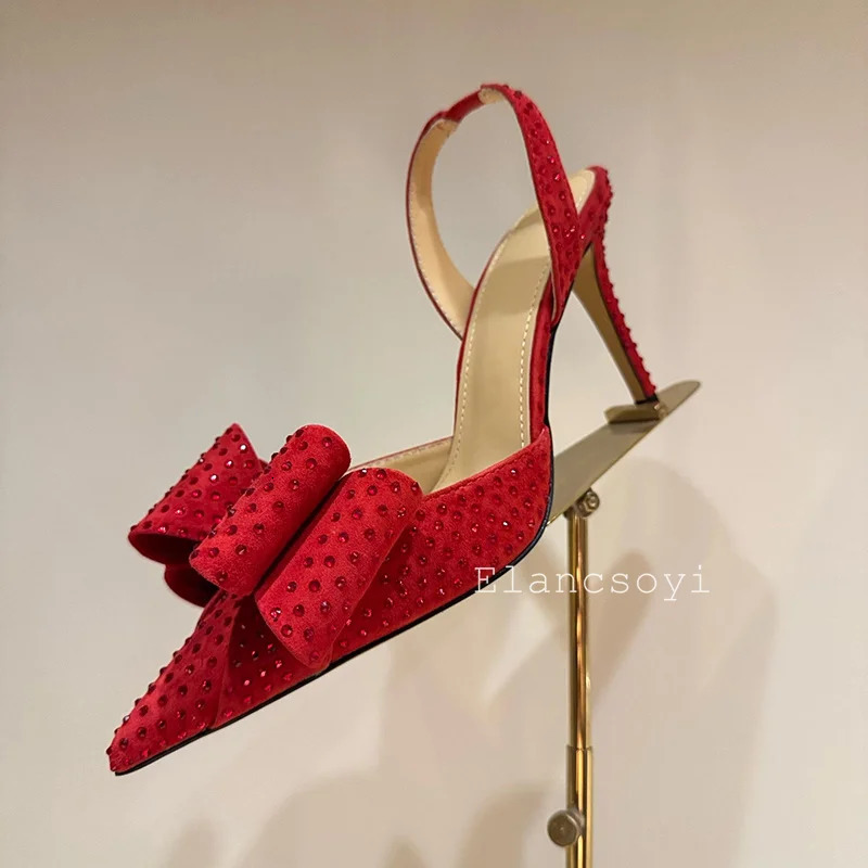 Sparkling Crystal Bow Decoration Thin High-Heeled Sandals Womens Satin Pointed End Sandalias Summer Fashion Party Dress Shoes 250613