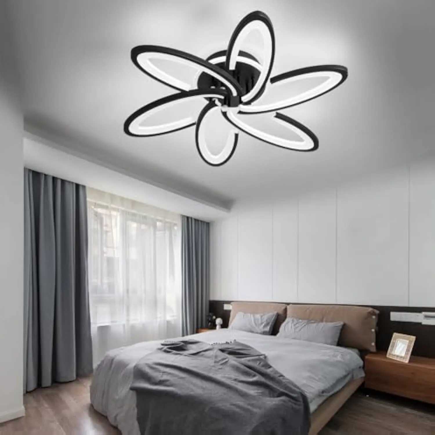 Modern LED Ceiling Light 6+1 Rings 93W Dimmable Ceiling Light Fixtures 29.5 3000K-6500K Flush Mount Black Flower Ceiling Lamp XJ2500613