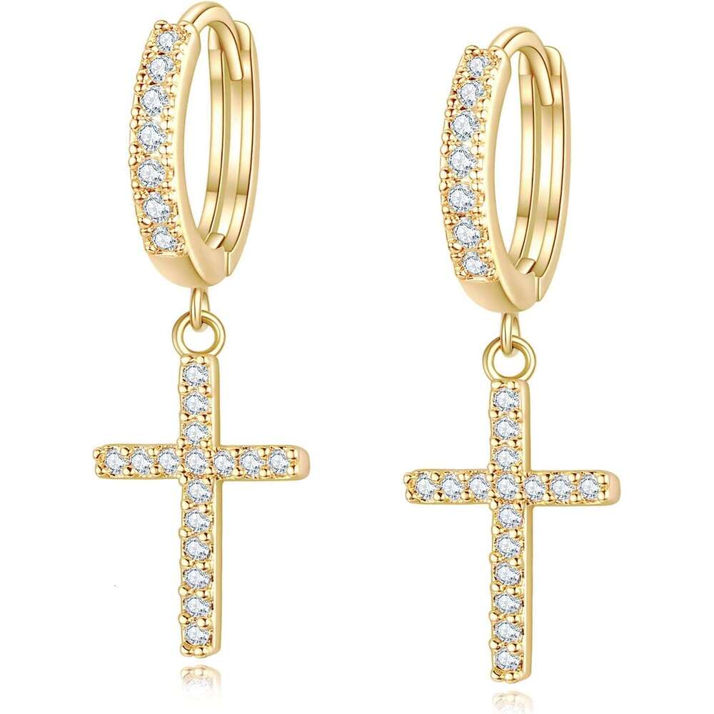 14K Plated Drop Dangle Hoop Trendy Gold Women Small CZ Hie Hoops Dangling Dia Cross Earrings for Men Hypoallergenic Lightweight