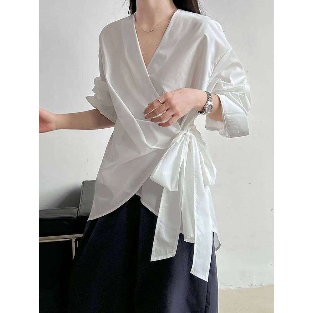 Women Black Bandage Elegant Irregular Big Size Blouse New V-neck Long Sleeve Shirt Fashion Tide Spring Autumn
