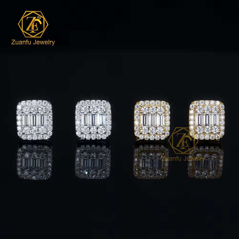 Women Luxury Gold Plated 925 Sterling Silver Iced Out Baguette VVS Moissanite Halo Stud Earrings for Men Hip Hop Diamond Studs