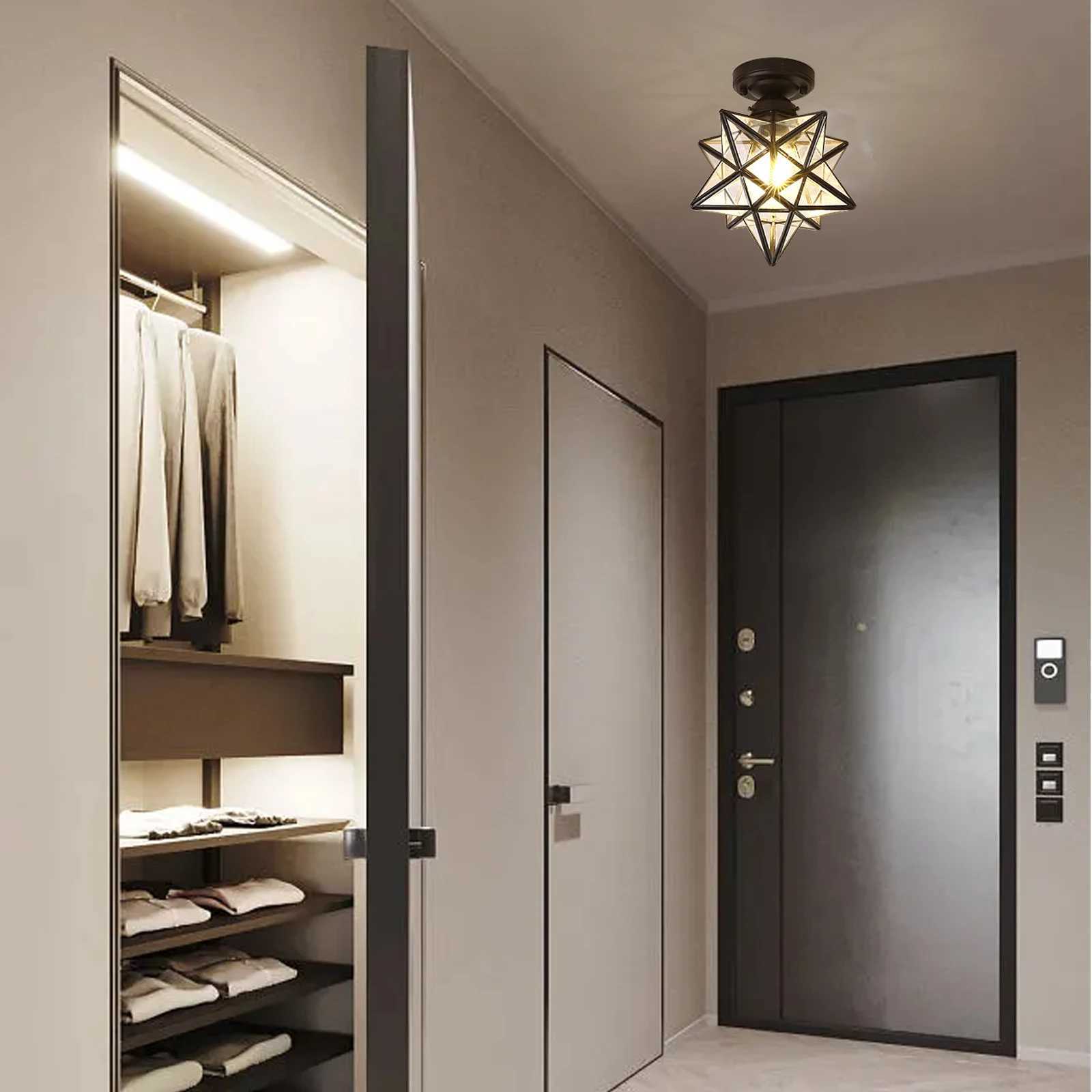 Moravian Star Ceiling Light Black Linear Star Flush Mount Ceiling Light with Clear Glass Lampshade Vintage Light for Room Decor XJ2500613