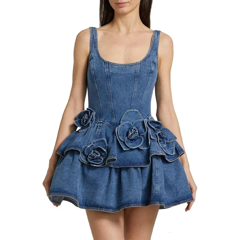 2025 Summer Chic 3d Floral Denim Mini Dress Vintage A Line Halter High Street Jean Vesidos Lady Party Fashion Clothing 250609