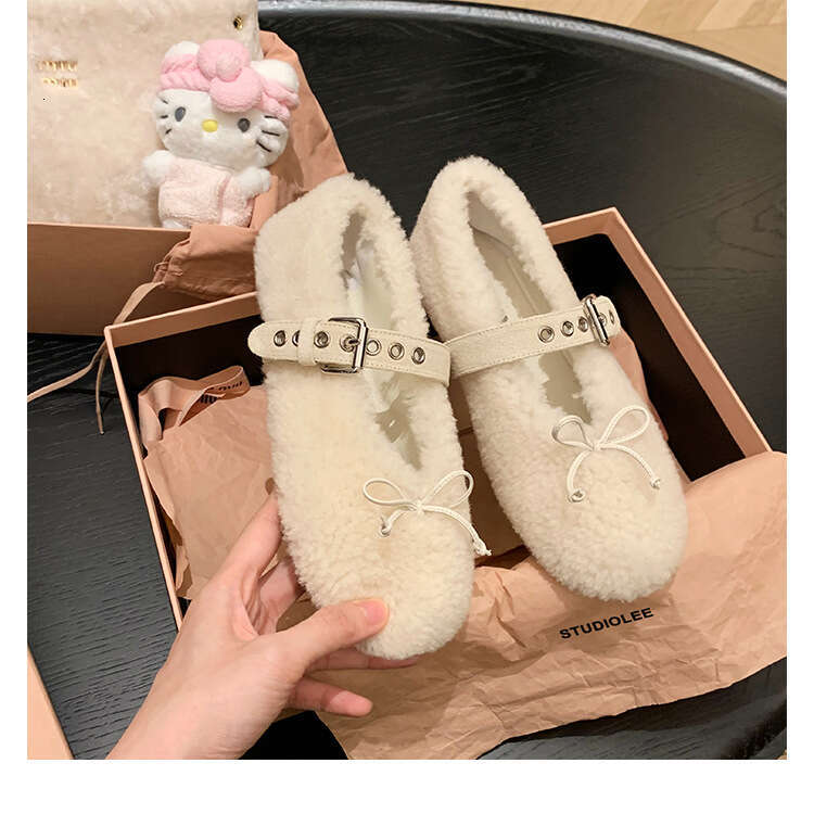 Grape Mom Studiolee Warm and Sweet Bowknot One-Strap Shallow Mary Jane Furry Single Shoes for Women