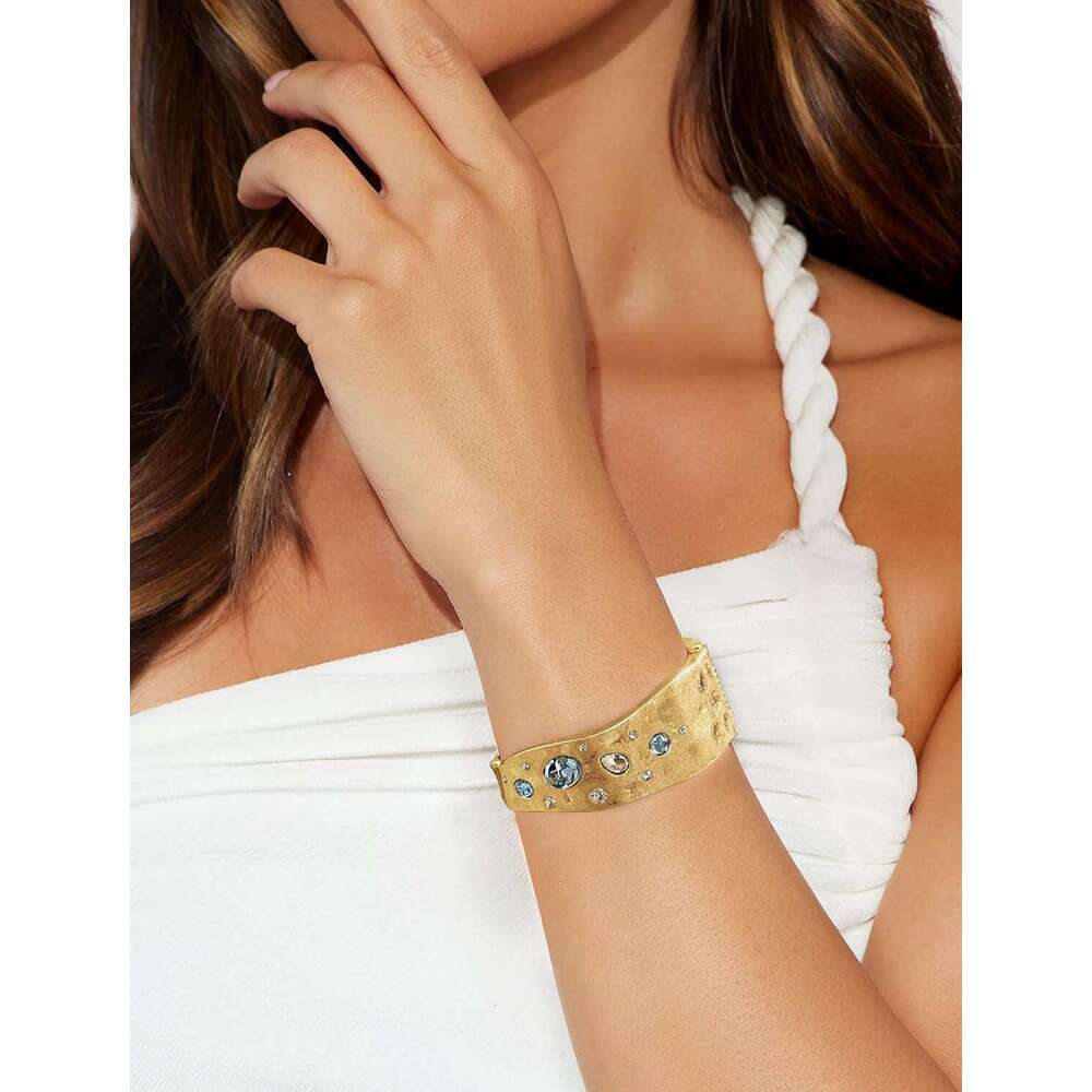 Chunky Bangles for Women Vintage Matte Hinged Bangle with Blue Crystal Irregular Wide Statement Gold Bracelets