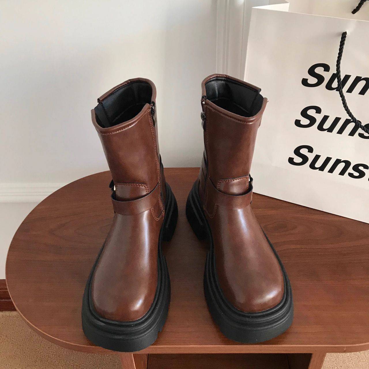 Ddmysports Autumn Winter New British Style Brown Thick Soled Mid Calf Martin For Women Western Denim Short Boots Outdoor Shoes