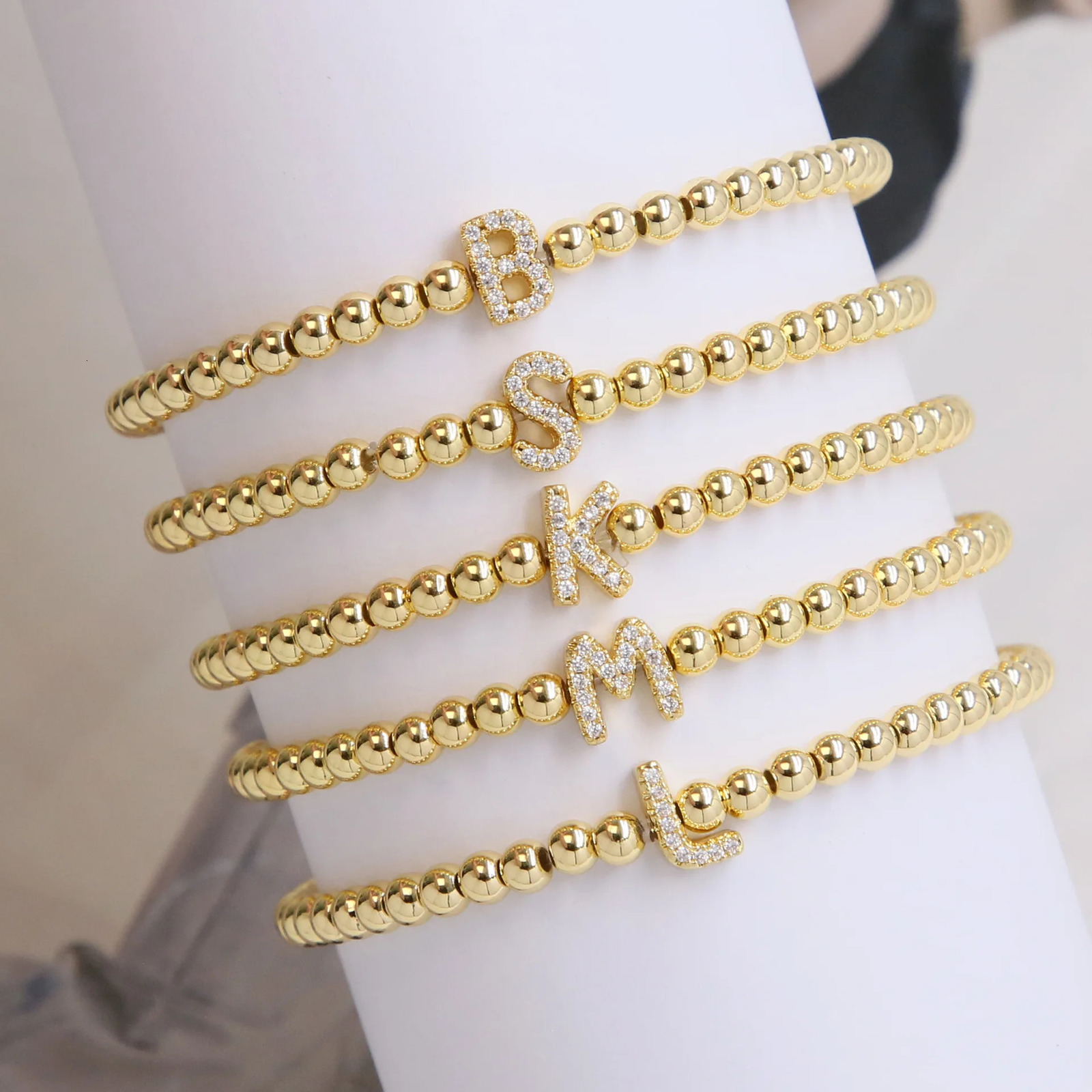 Dainty Gold Plated Zircon Balloon A-Z Letters Beaded Bracelets Bubbles Initial Charms Bracelet Stretch Women Men Jewelry 250610