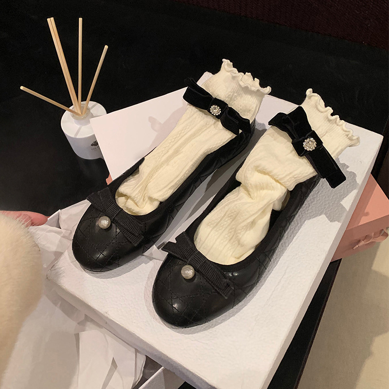 Ddmysheep Ddmysheep Grape Mom Studiolee Cottage Style Exquisite Bowknot Pearl Shallow Mouth Sheepskin Ballet Flats For Women Spring And Autumn Shoes