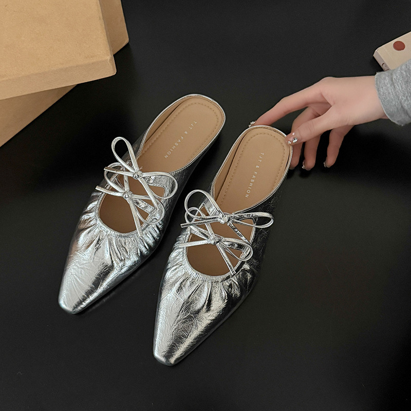 Ddmyoutdoor Hidden Wedge Silver Bowknot Closed Toe Mules For Women Fashionable Outdoor New Summer Mary Jane Sandals Outdoor Shoes