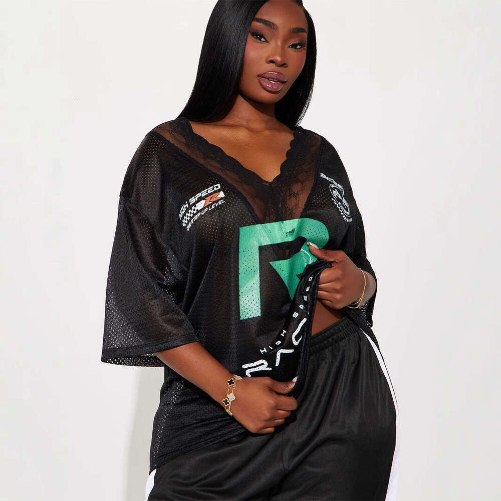 Autumn New Lace V-Neck Letter Print Casual Loose Patchwork T-Shirt Short Sleeve Women B5