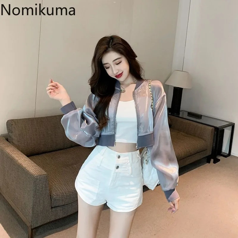 Streetwear Summer Women Jackets Stand Neck Long Sleeve Zipper Y2k Tops Womens Fashion See Through Casual Crop Coat 250611